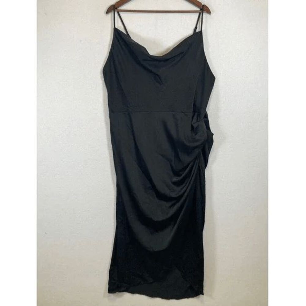 Elegant Black Satin Cowl Neck Midi Dress Plus 3X Ruched Tulip Hem Slip Dress